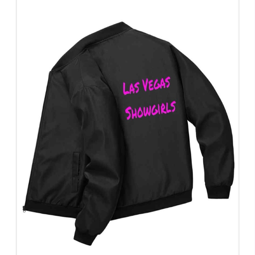 Black Bomber Jacket with Vibrant Pink Text